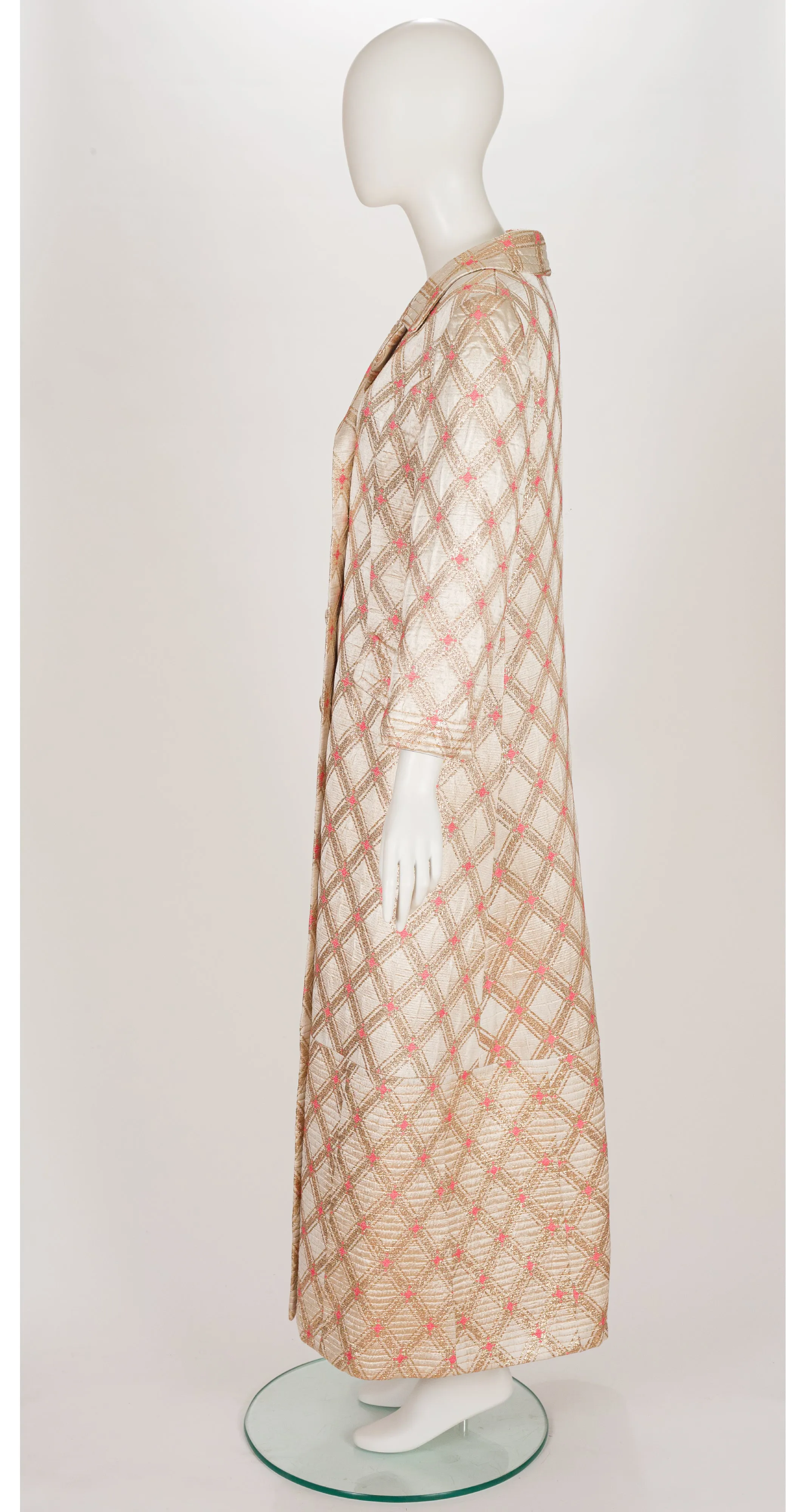 1960s Quilted Gold Metallic Brocade Maxi Evening Coat