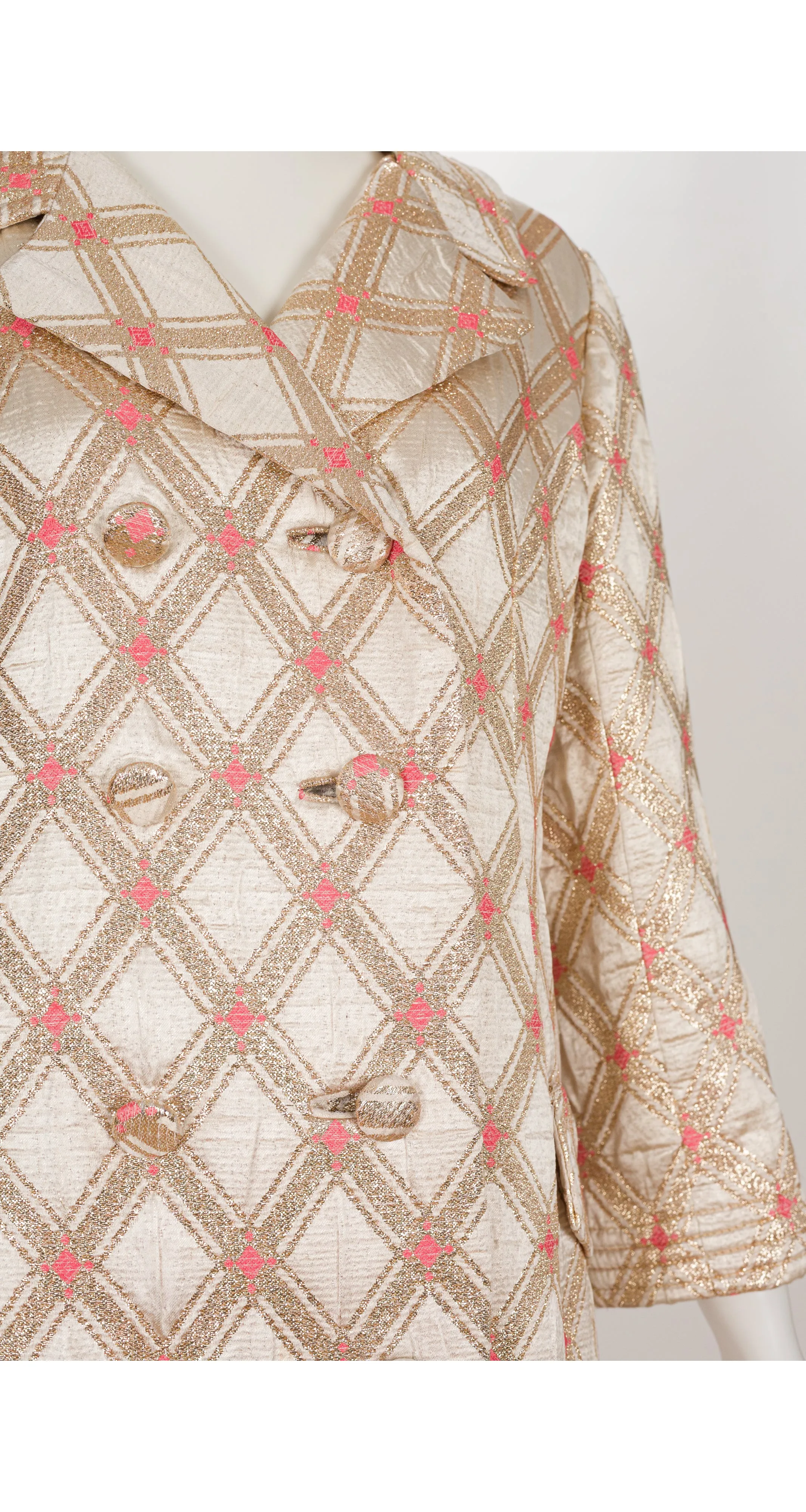 1960s Quilted Gold Metallic Brocade Maxi Evening Coat