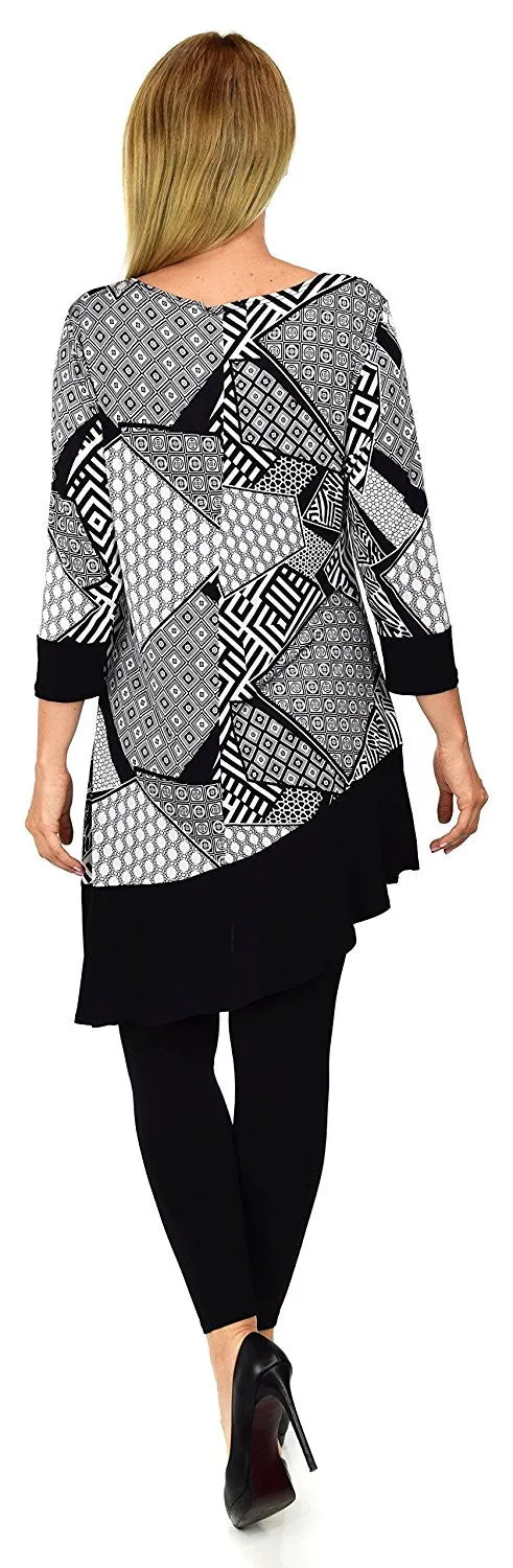 Black and White Abstract Print Tunic Blouse Shirt Top |Reg & Plus Sizes