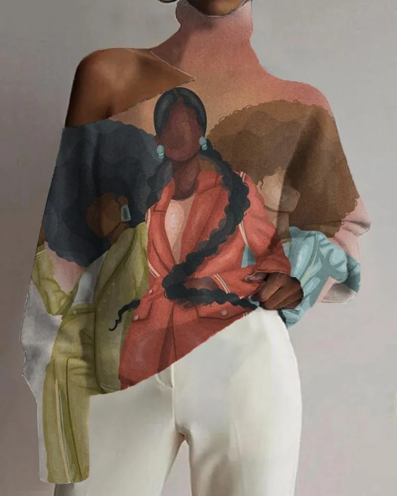 Black Cartoon Oil Painting Vintage Print Cutout Turtleneck Top