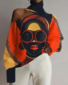 Black Girl Fashion Color Matching Oil Painting Print Off-shoulder Top