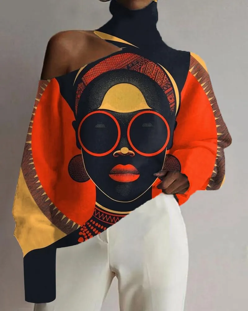 Black Girl Fashion Color Matching Oil Painting Print Off-shoulder Top