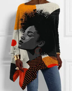 Black Girl Oil Painting Personality Print Irregular Ladies Top