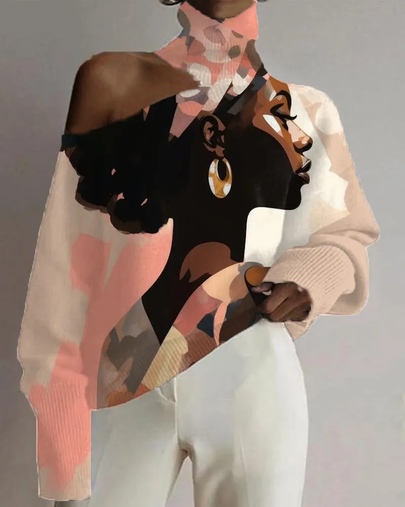 Black Girls Matching Color Oil Painting Personality Off-the-shoulder Women's High Neck Printed Top