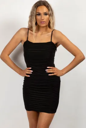 Black Ruched Strappy Bodycon Dress