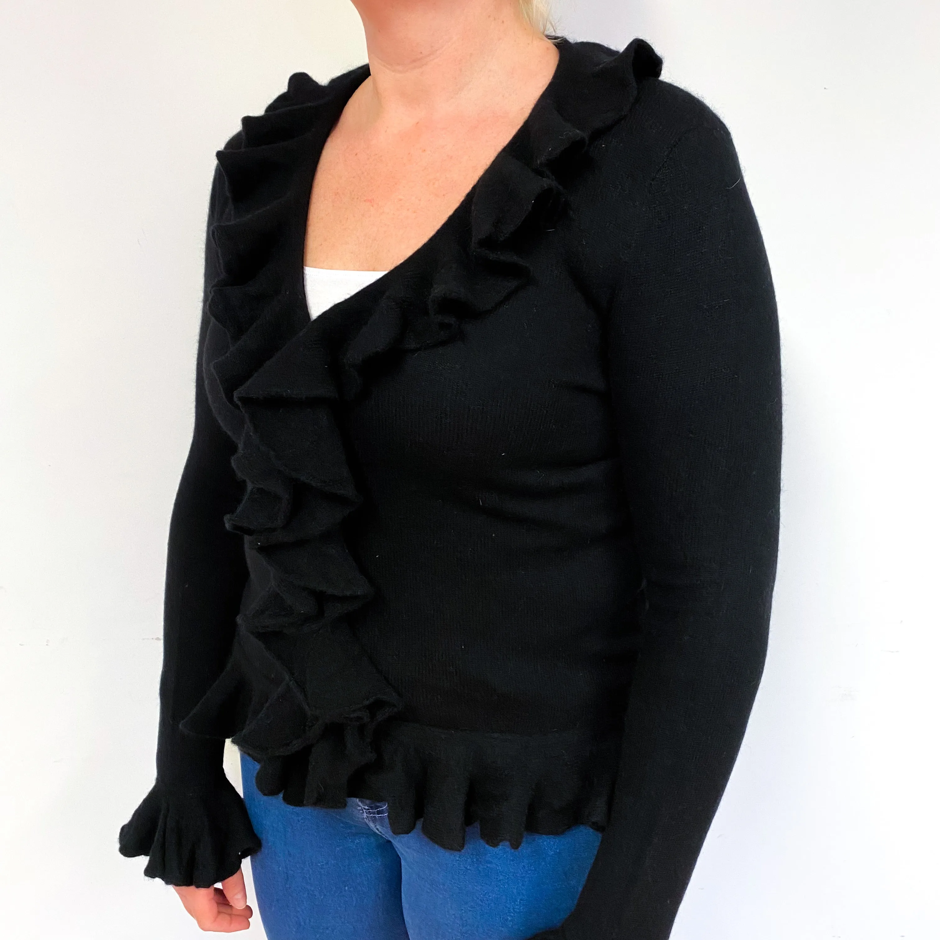 Black Ruffle Cashmere V-Neck Cardigan Large
