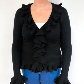 Black Ruffle Cashmere V-Neck Cardigan Large