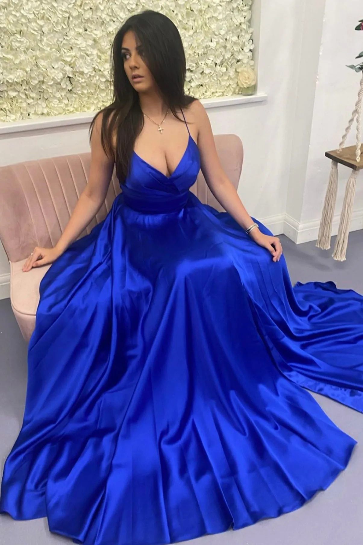 Blue Spaghetti Strap Satin Long Prom Dress, A-line Backless Evening Dress