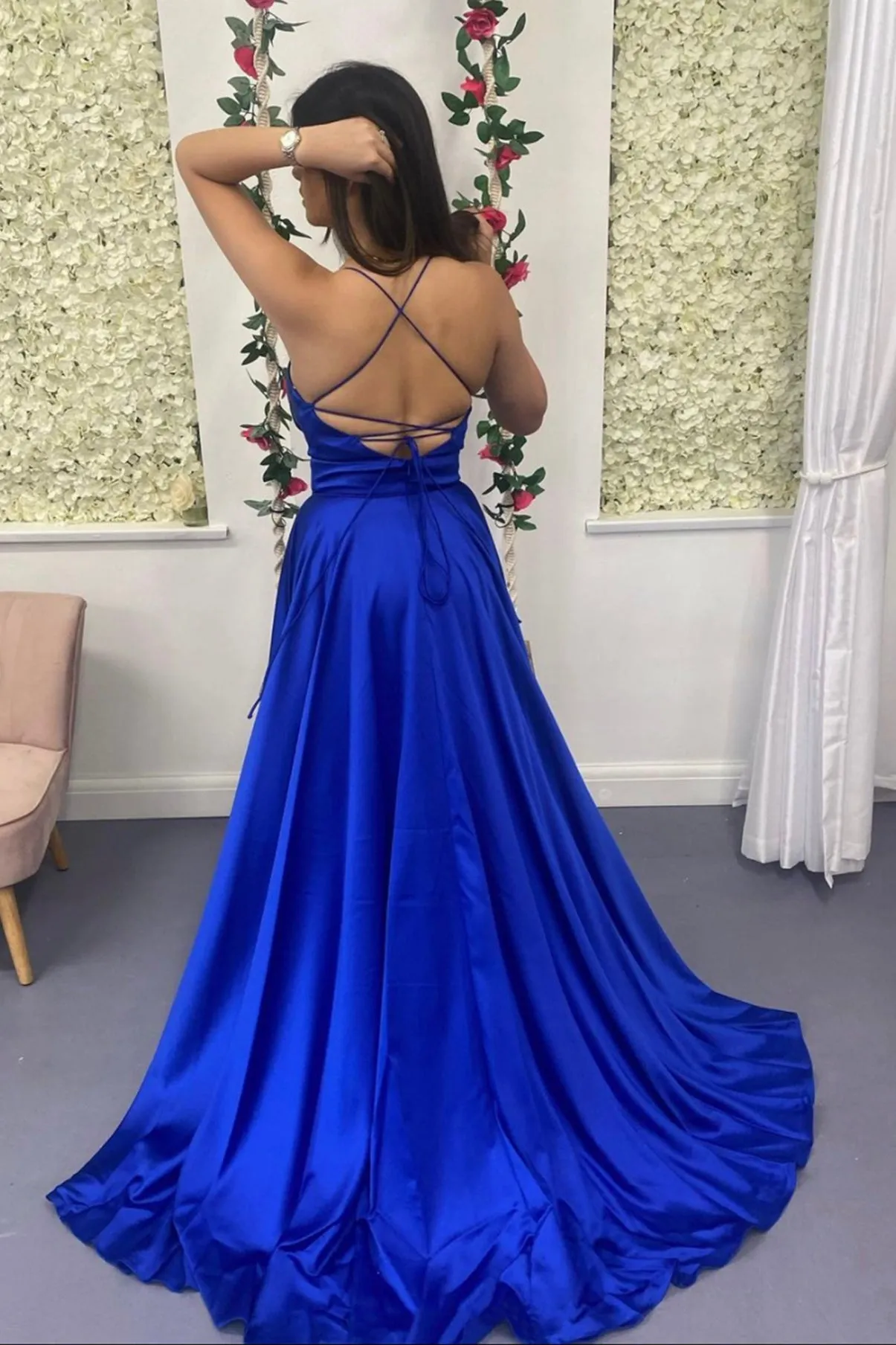 Blue Spaghetti Strap Satin Long Prom Dress, A-line Backless Evening Dress