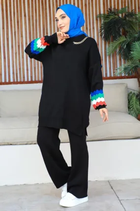 BNG Women -90 Necklace Detailed Sleeves Patterned Knitwear Set Black - Clermont
