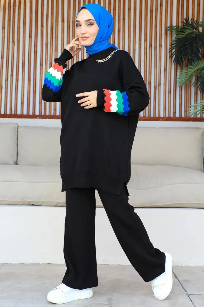 BNG Women -90 Necklace Detailed Sleeves Patterned Knitwear Set Black - Clermont
