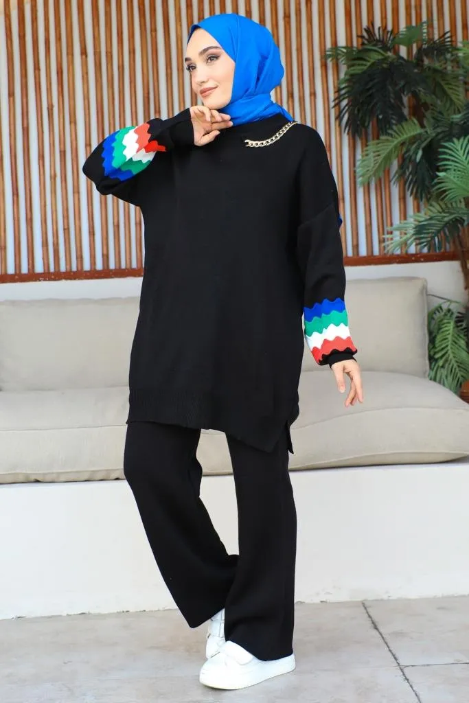 BNG Women -90 Necklace Detailed Sleeves Patterned Knitwear Set Black - Clermont