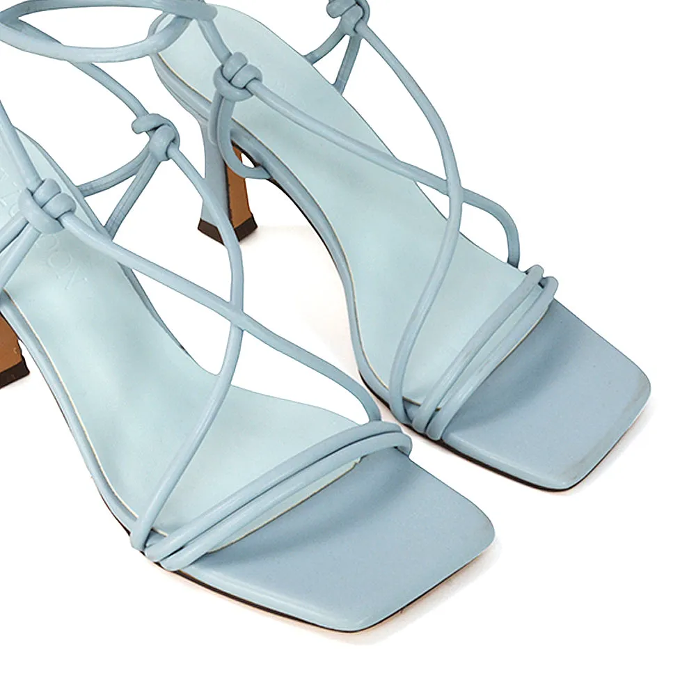 Callie Lace Up Square Toe Mid High Heel Sandals in Blue Synthetic Leather