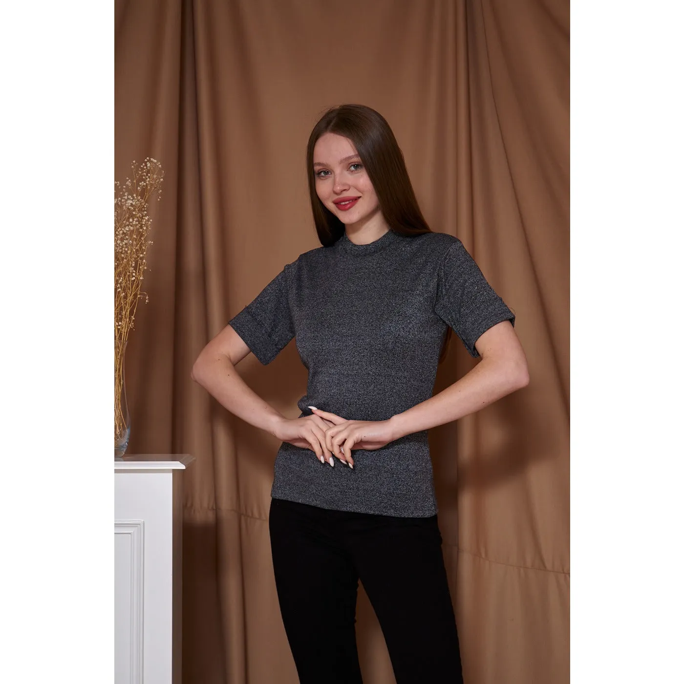Charcoal Melange Mock Neck Half Sleeves