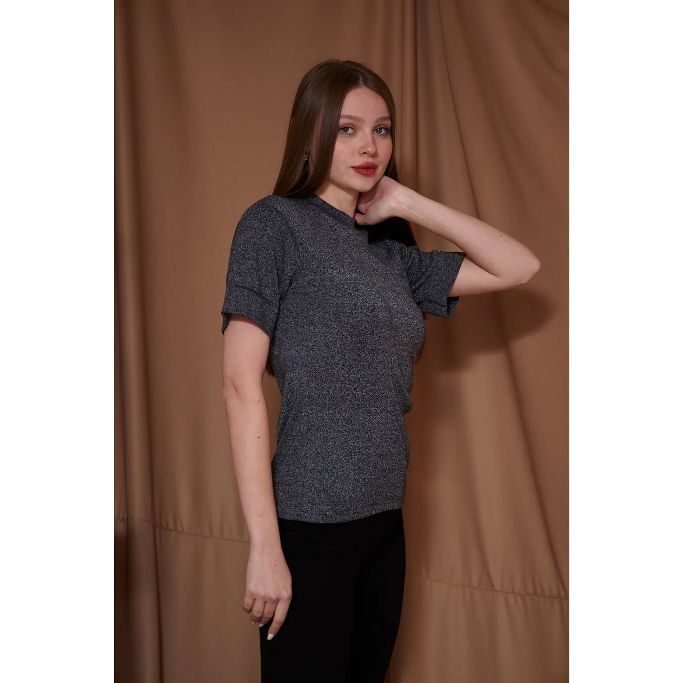 Charcoal Melange Mock Neck Half Sleeves