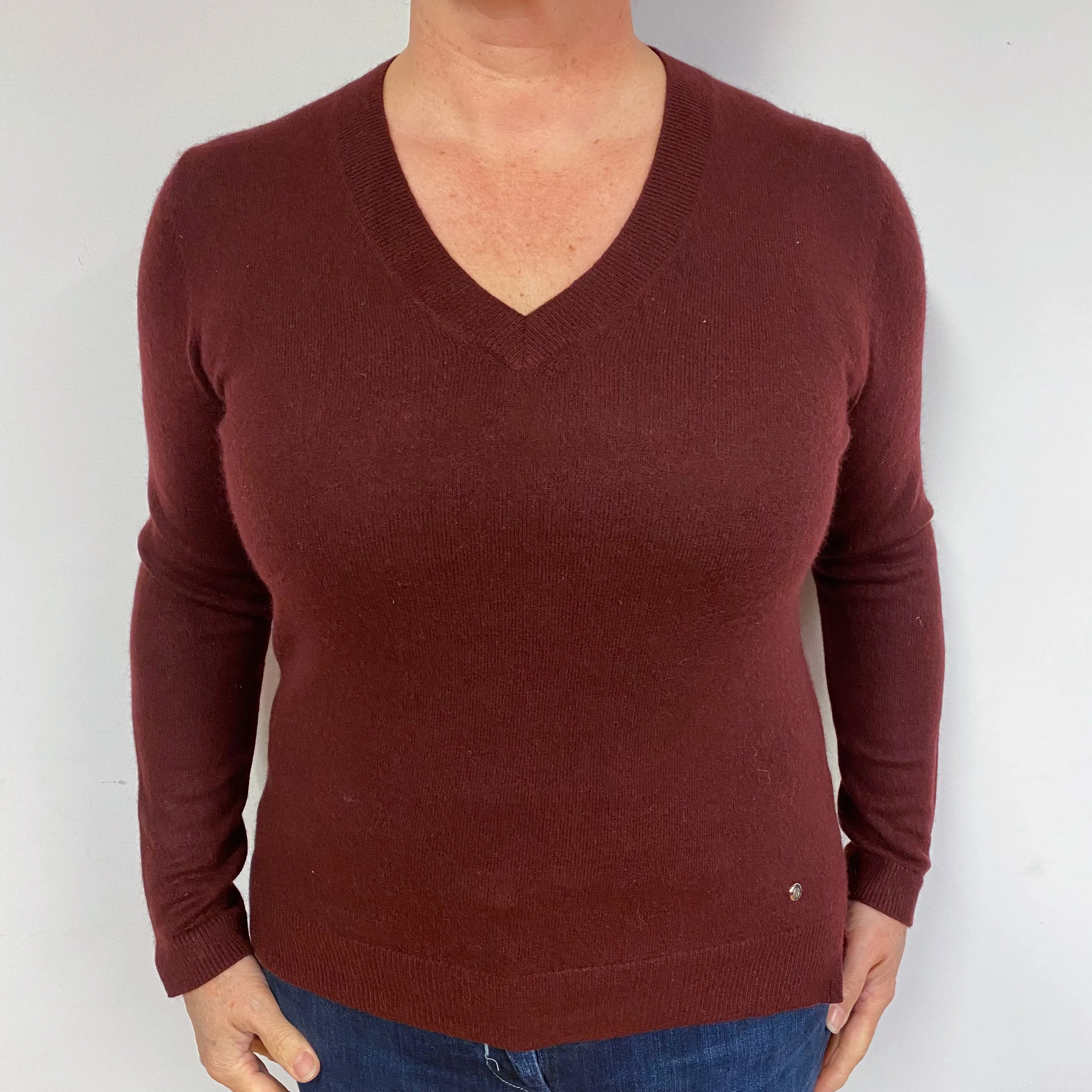 Claret Red Cashmere V-Neck Jumper Large