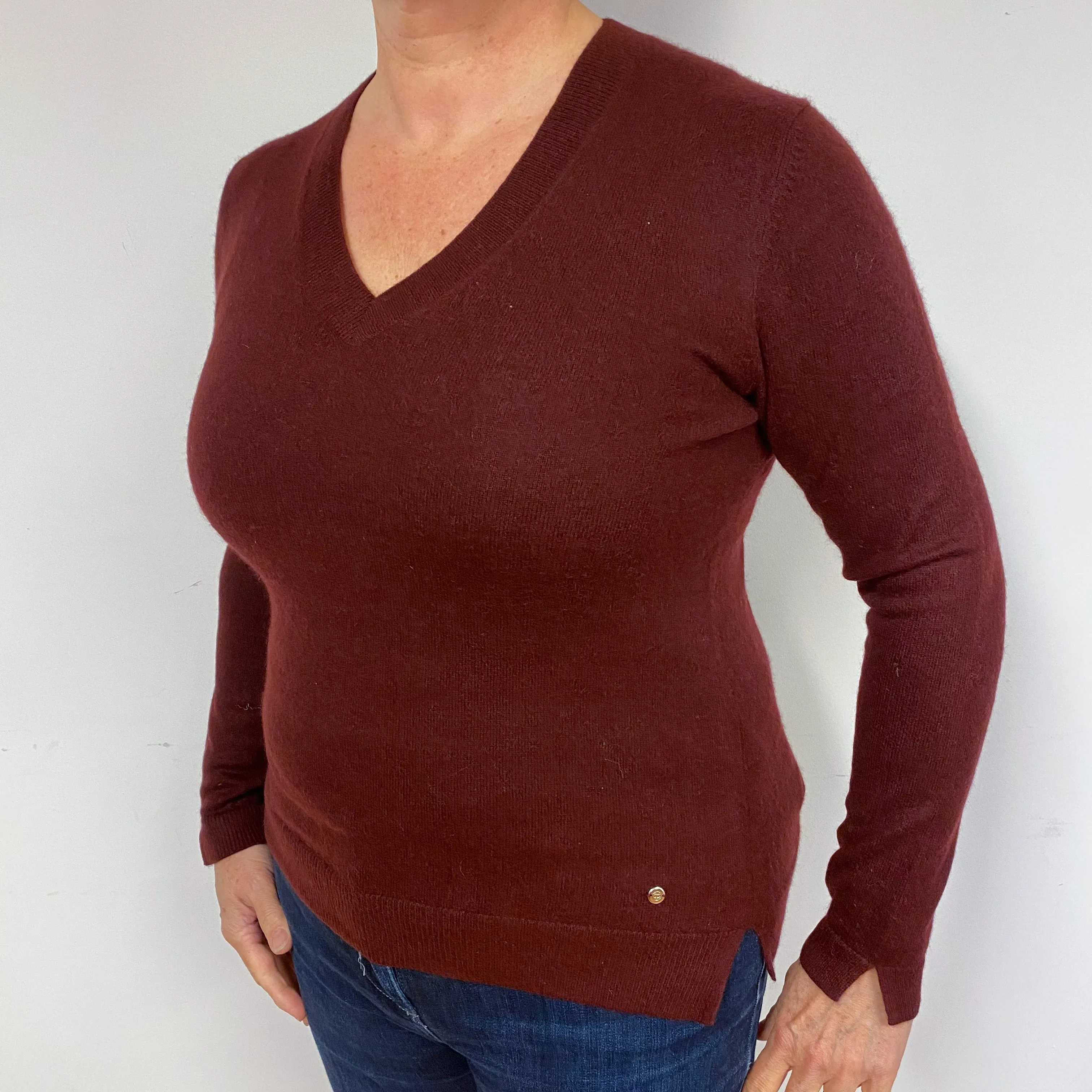 Claret Red Cashmere V-Neck Jumper Large