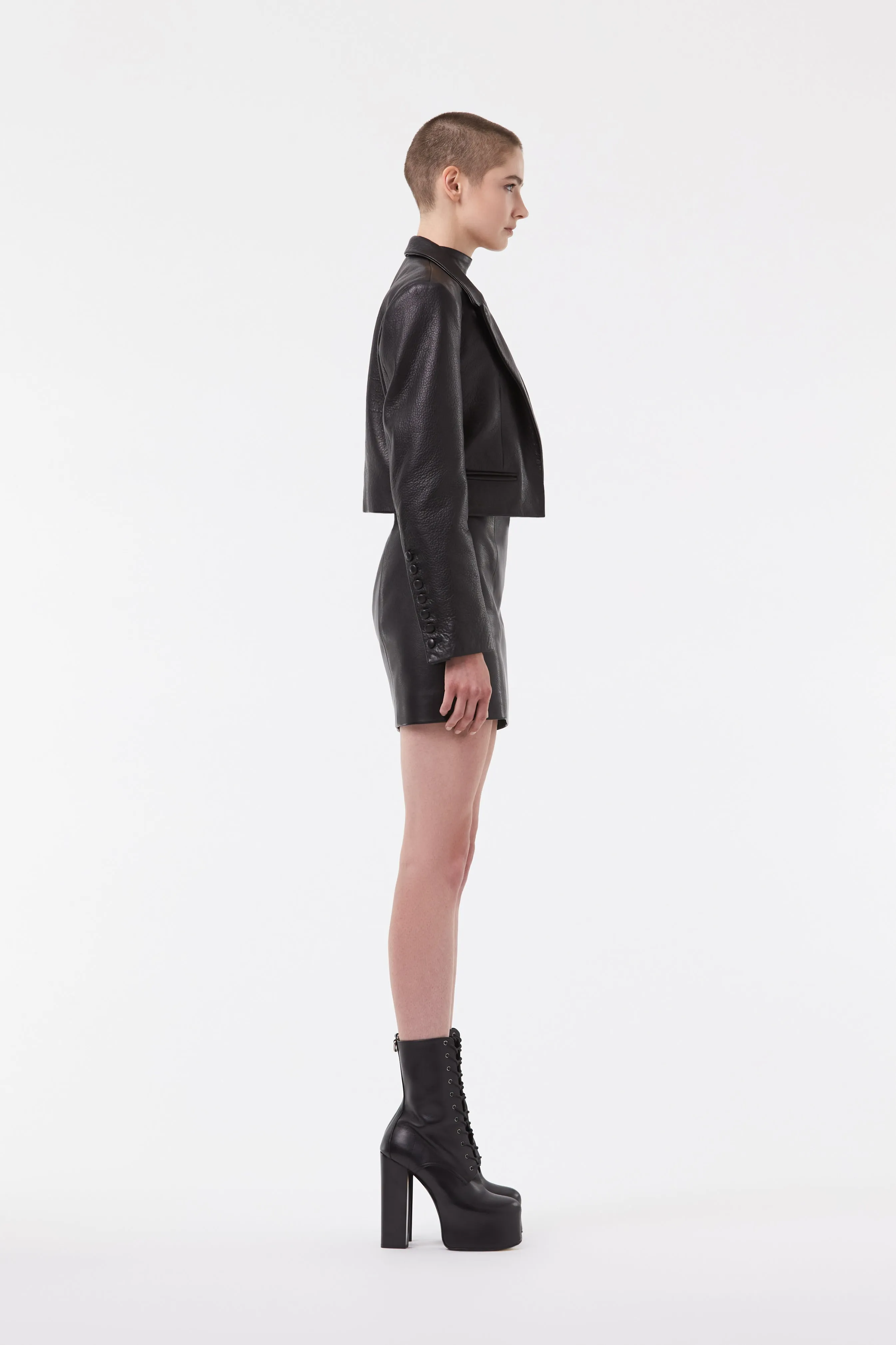 CROPPED TUXEDO LEATHER JACKET IN BLACK