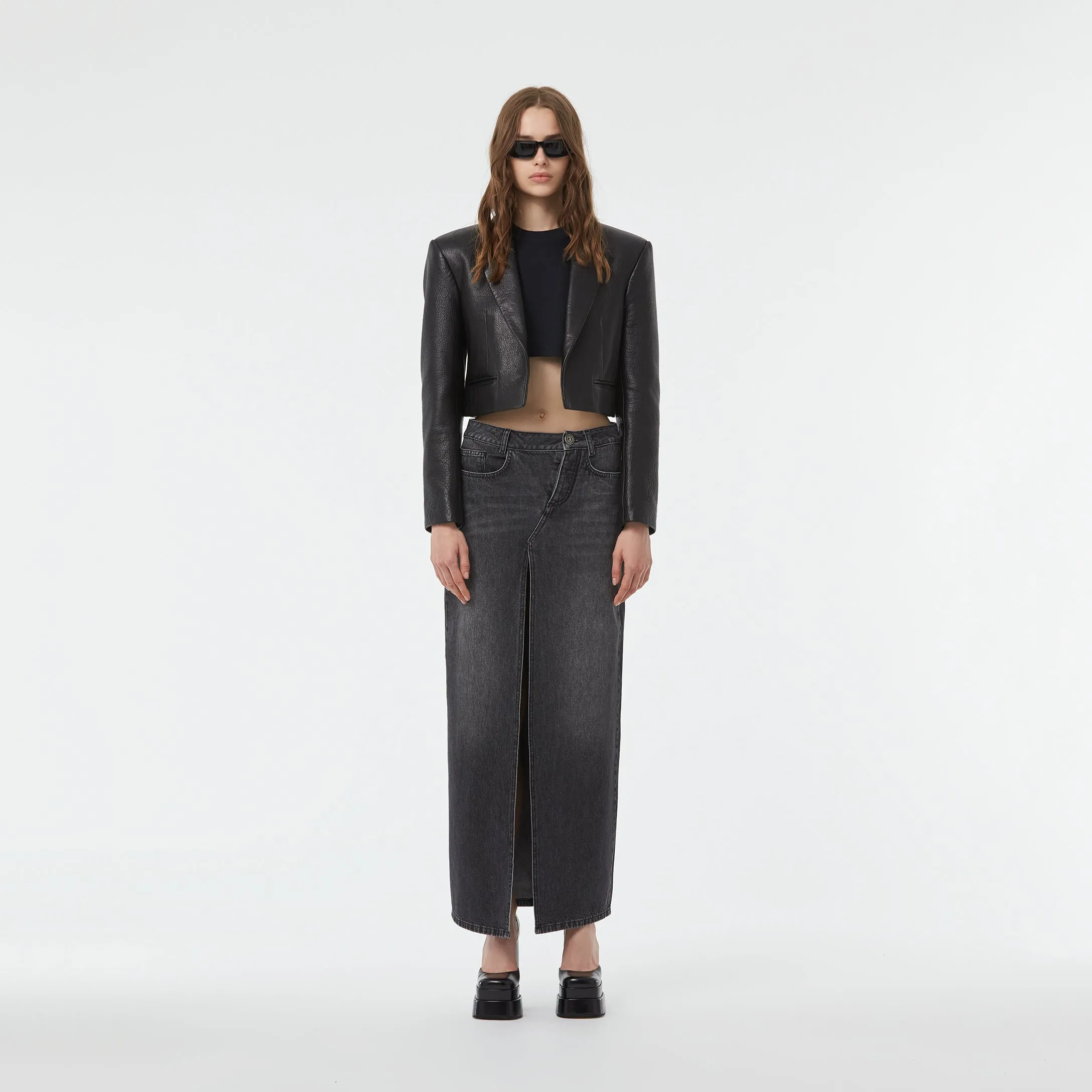 CROPPED TUXEDO LEATHER JACKET IN BLACK