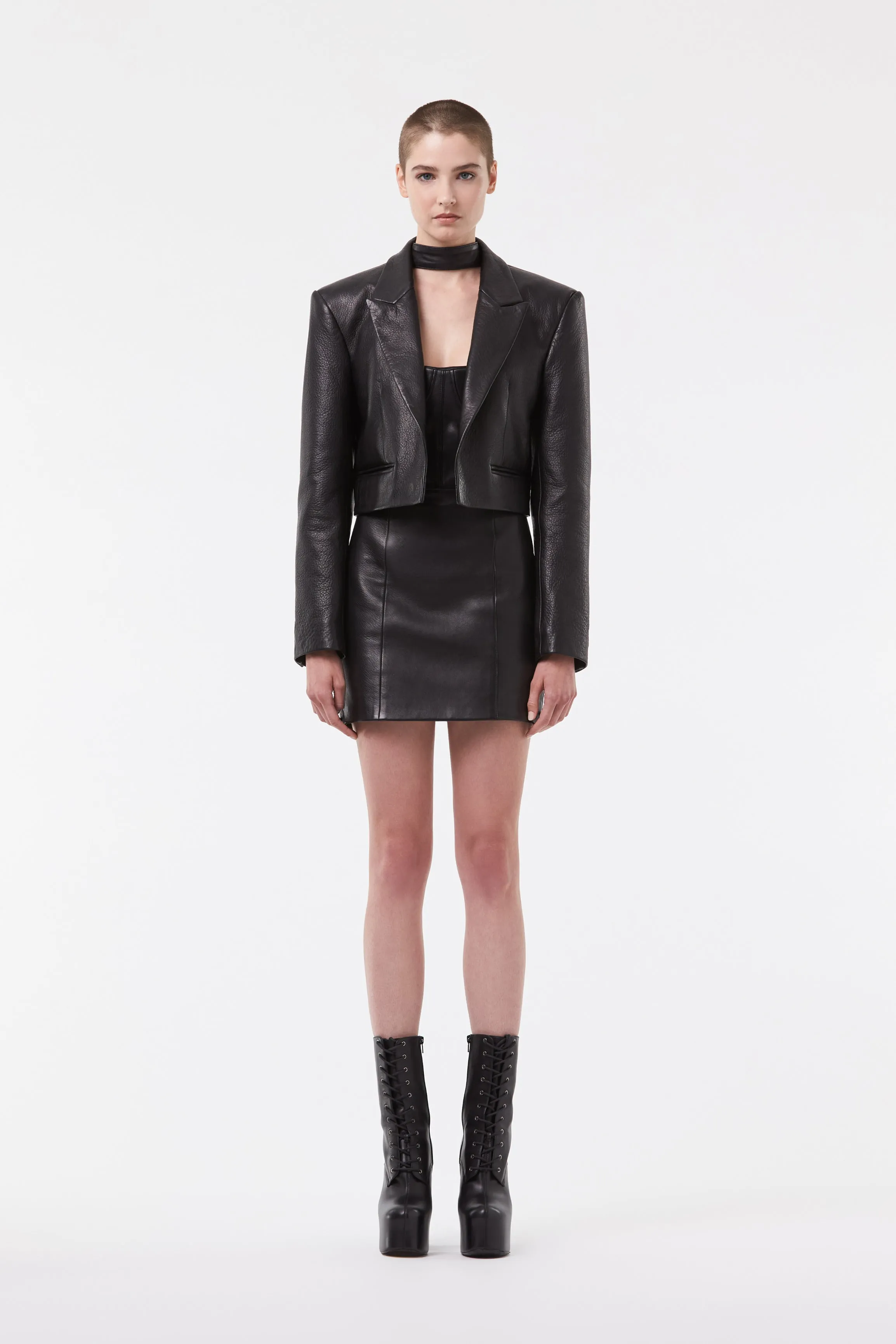 CROPPED TUXEDO LEATHER JACKET IN BLACK