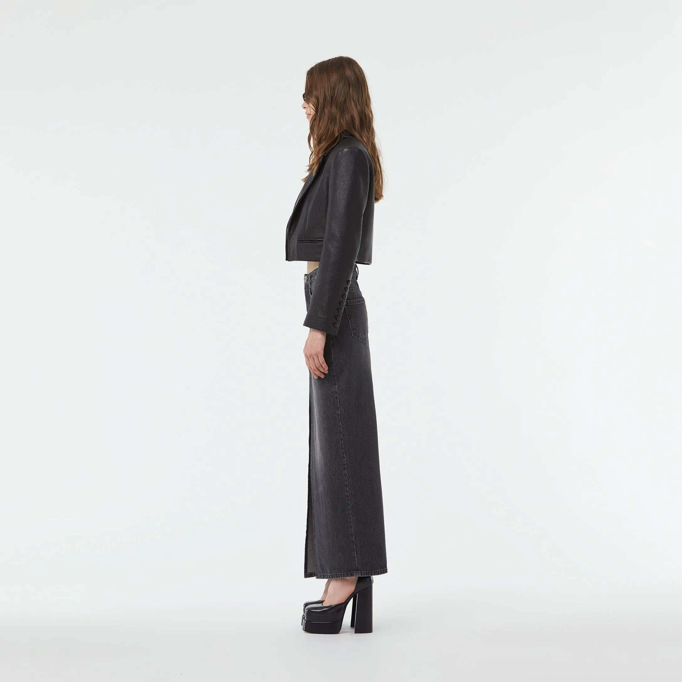 CROPPED TUXEDO LEATHER JACKET IN BLACK