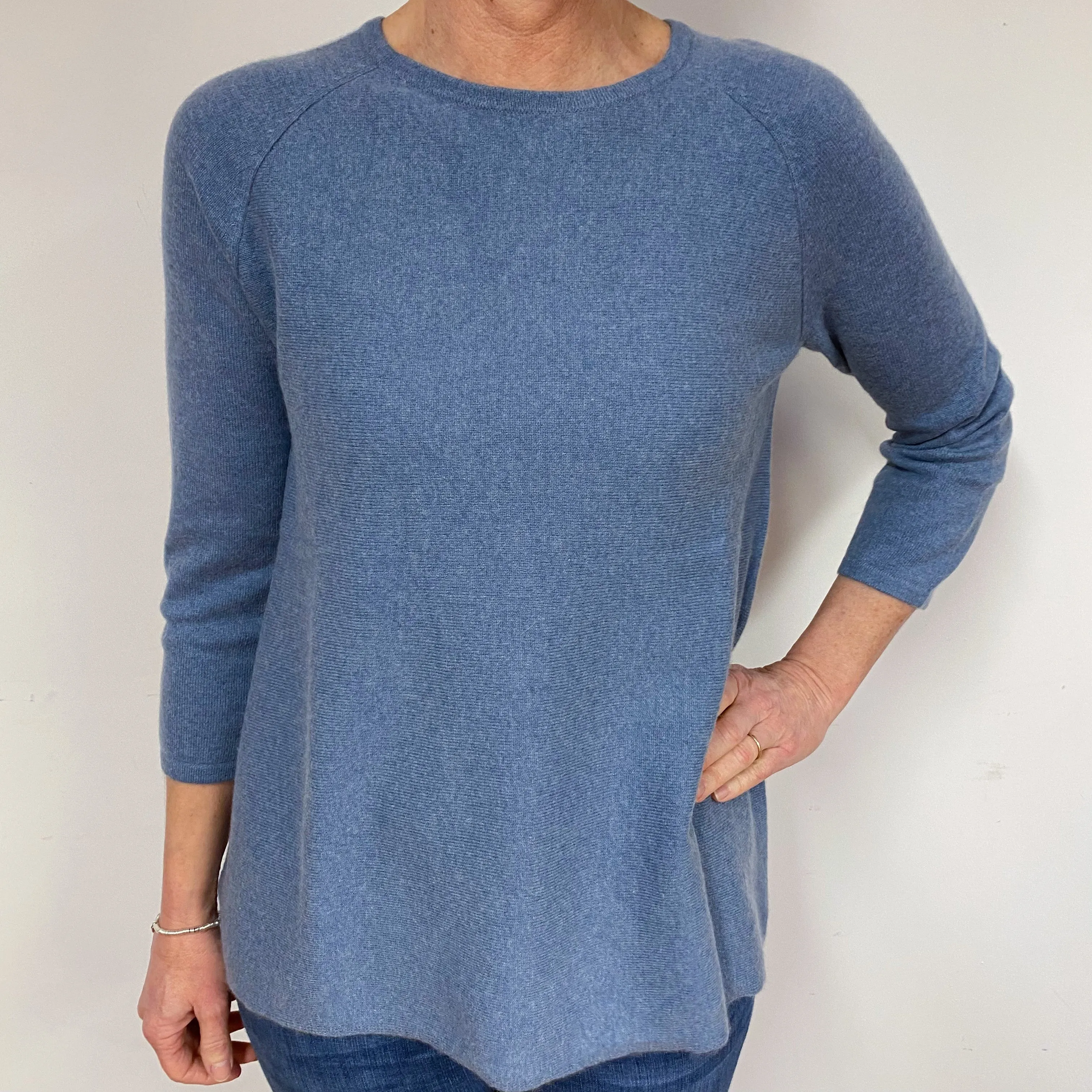 Denim Blue 3/4 Sleeve Cashmere Crew Neck Tunic Jumper Medium