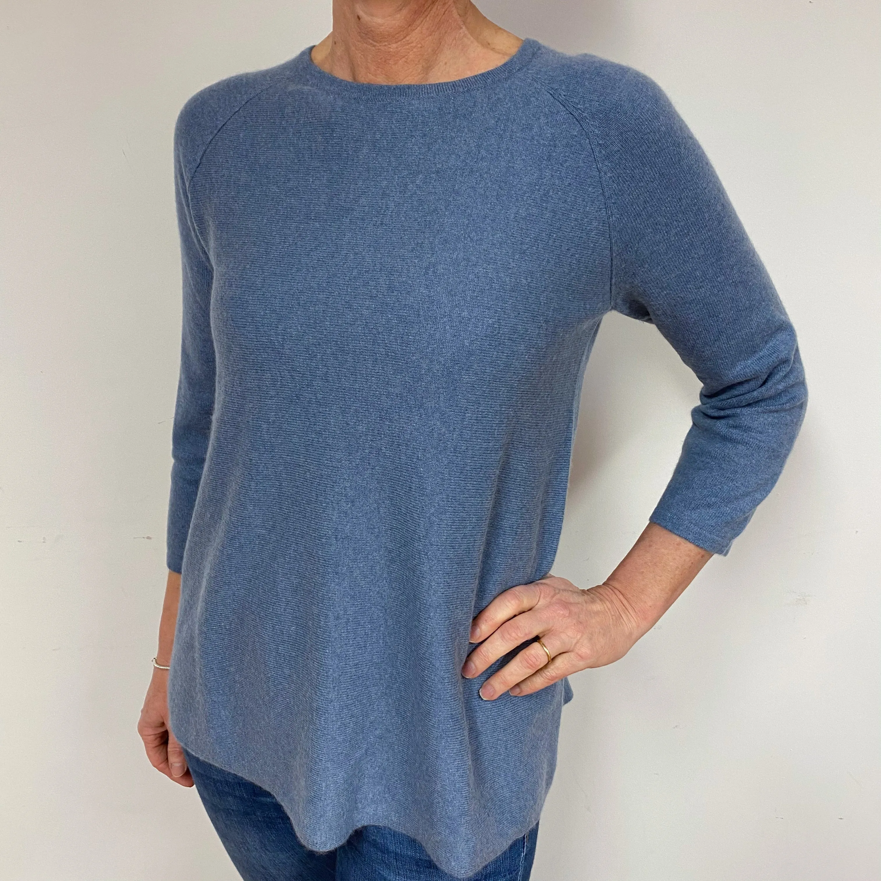 Denim Blue 3/4 Sleeve Cashmere Crew Neck Tunic Jumper Medium