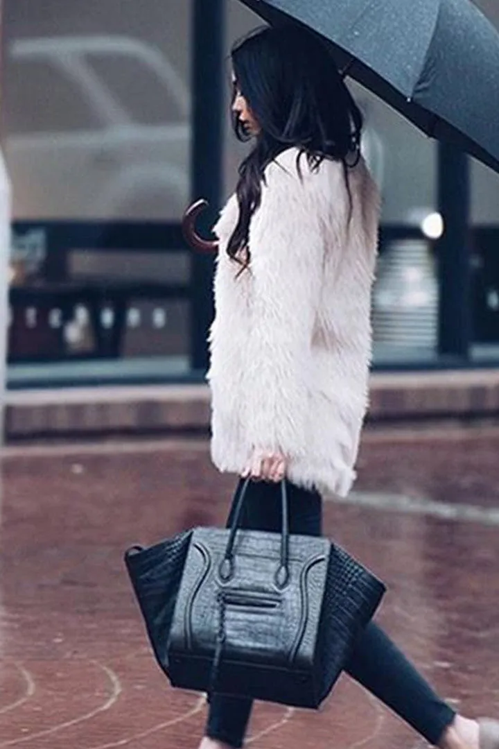 Elegant Long-Sleeve Faux-Fur Coat White