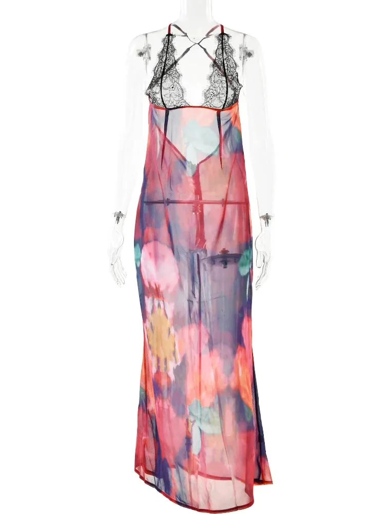 Elegant Tie Dye Backless Bodycon See Through Dress