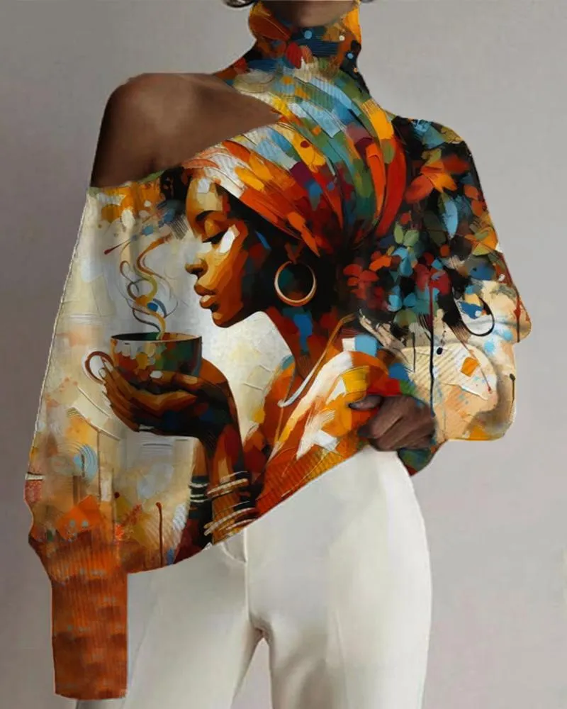 Ethnic Style Black Art Oil Print Hollowed Out High Neck Top