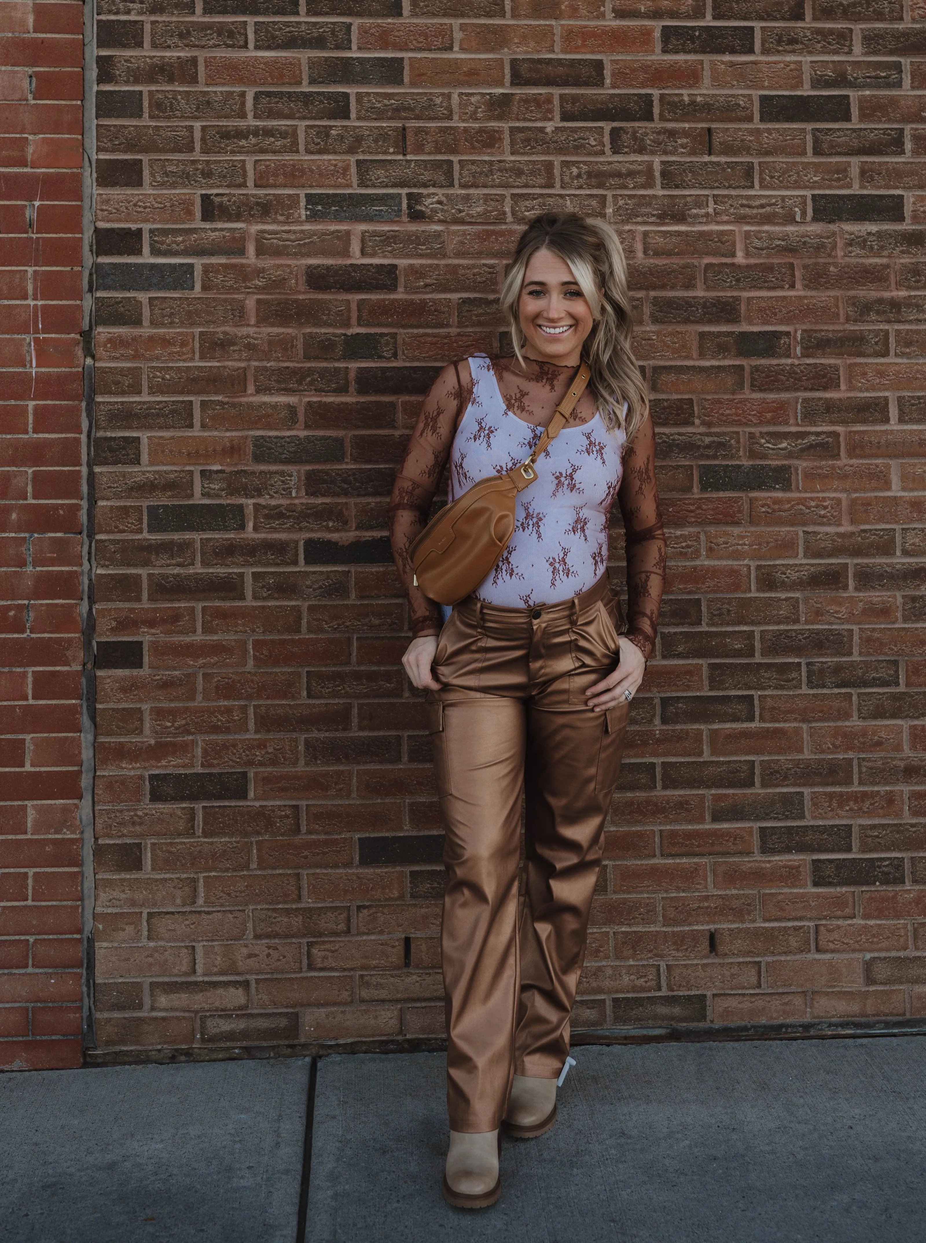 Faux Leather Cargo Pants - Brandy