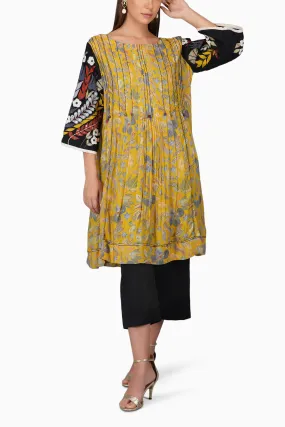 Flower Print Pleated Tunic Set With Applque Sleeves