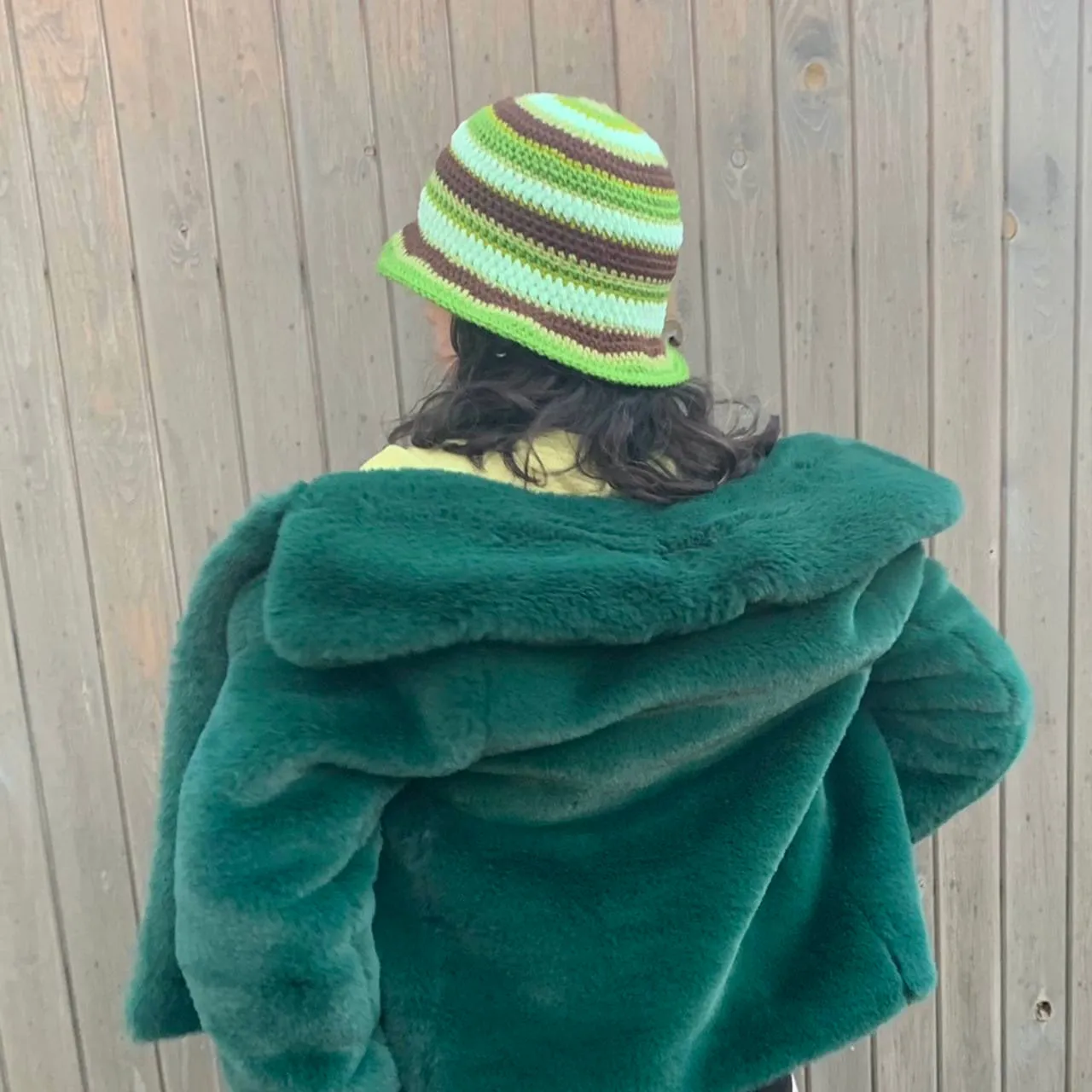Handmade striped crochet bucket hat in green and brown