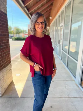 Hold On Tight Burgundy Textured Knit Short Sleeve Top (C)