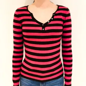 Hot Pink and Black Striped Cashmere Notch Neck Jumper Extra Small