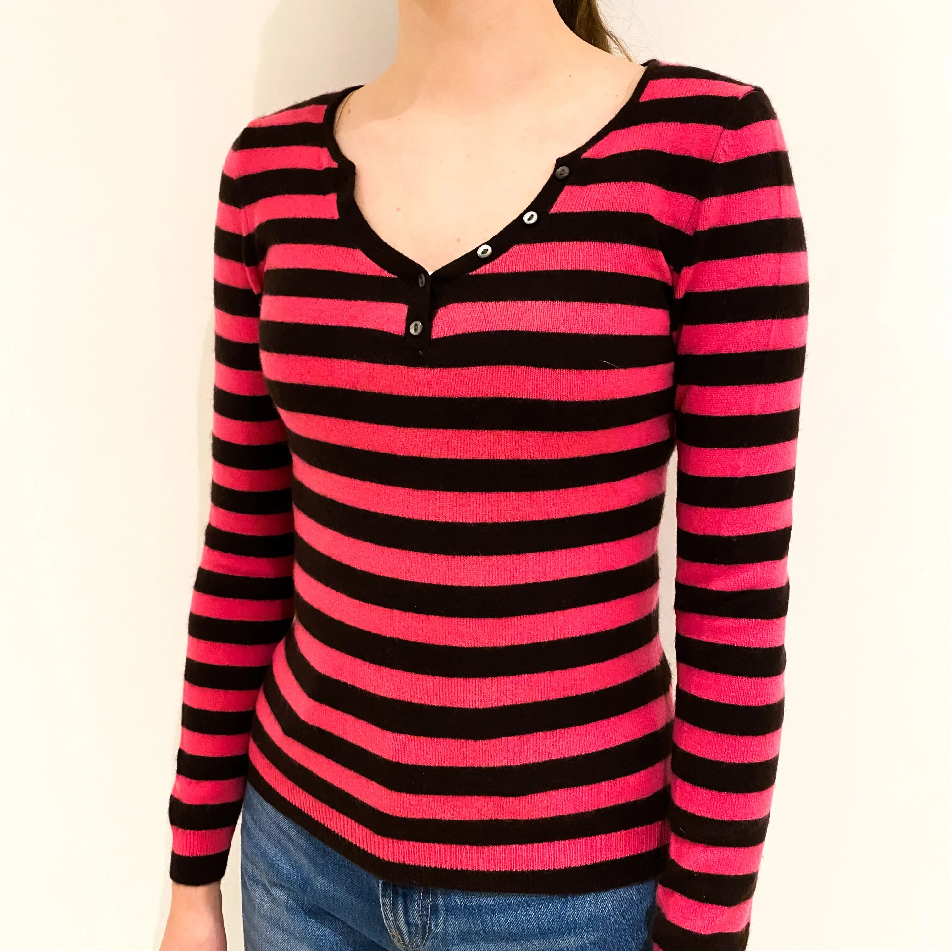Hot Pink and Black Striped Cashmere Notch Neck Jumper Extra Small