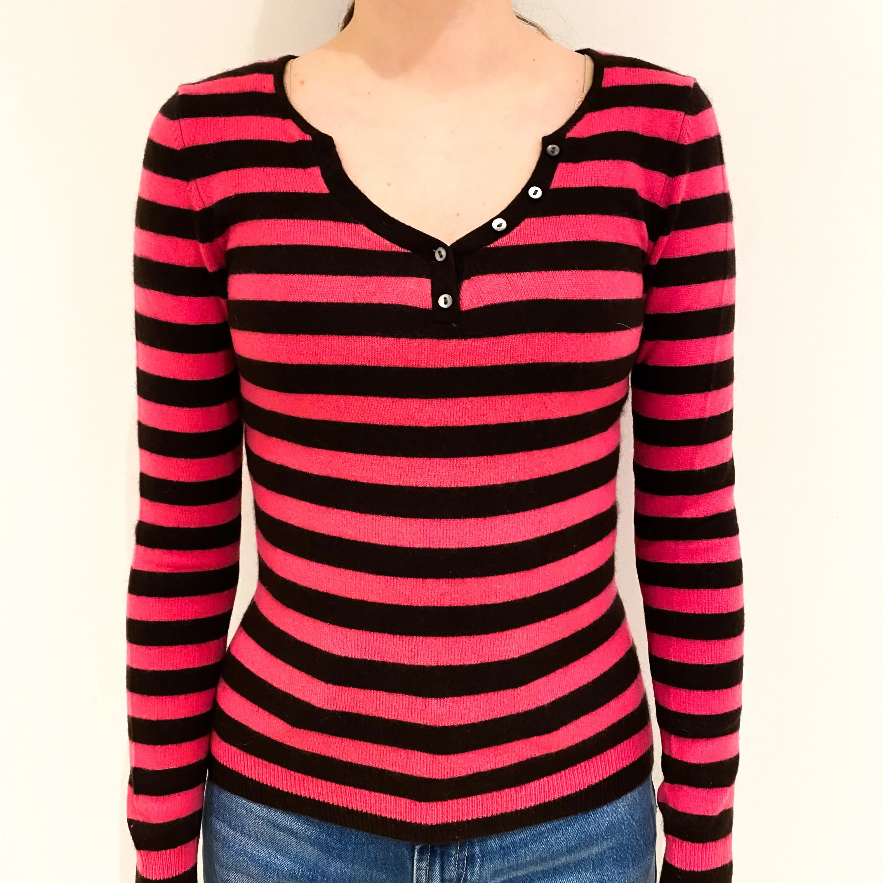 Hot Pink and Black Striped Cashmere Notch Neck Jumper Extra Small