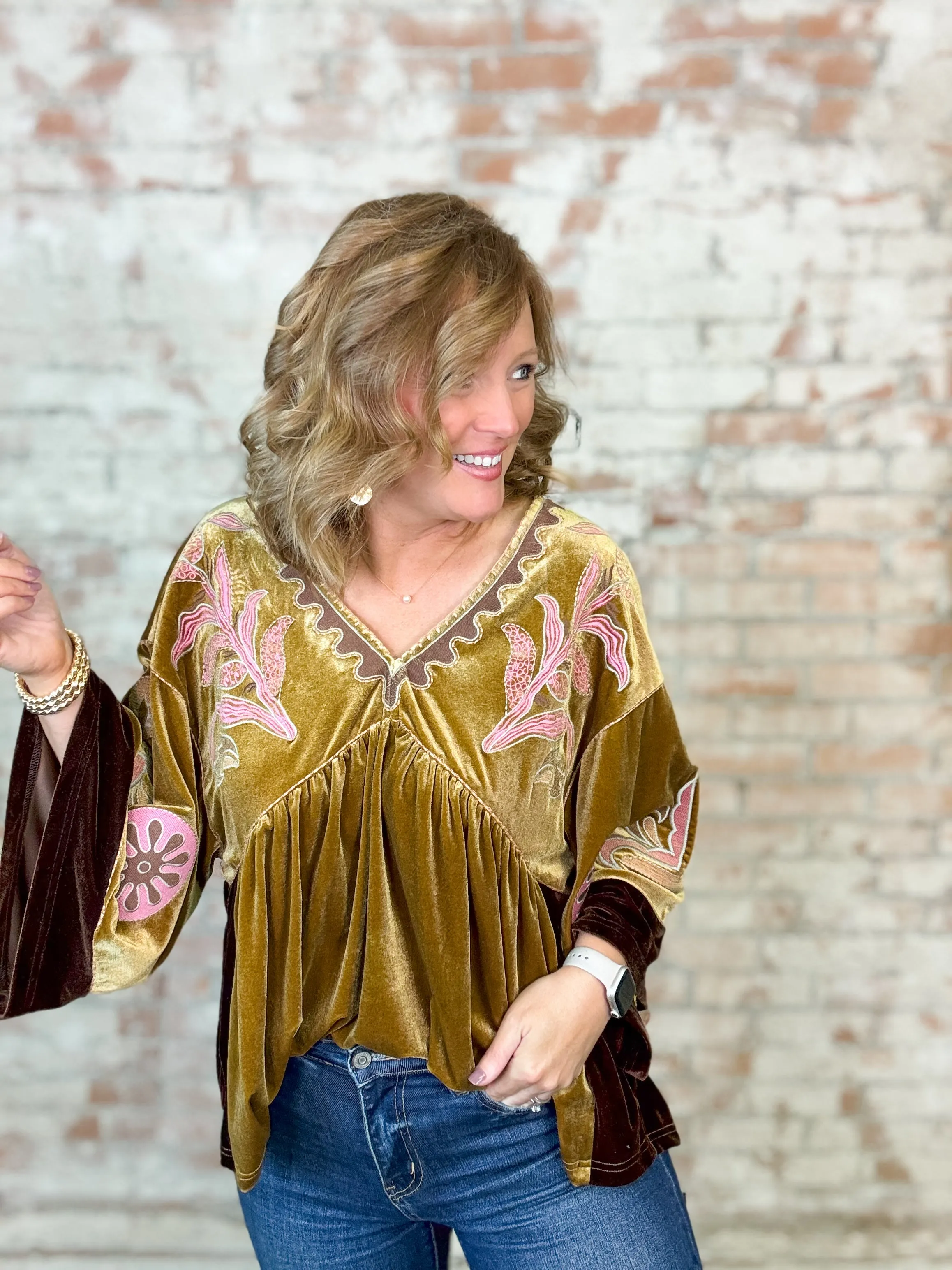 Jensyn Embroidered Baby Doll Velvet Top - FINAL SALE