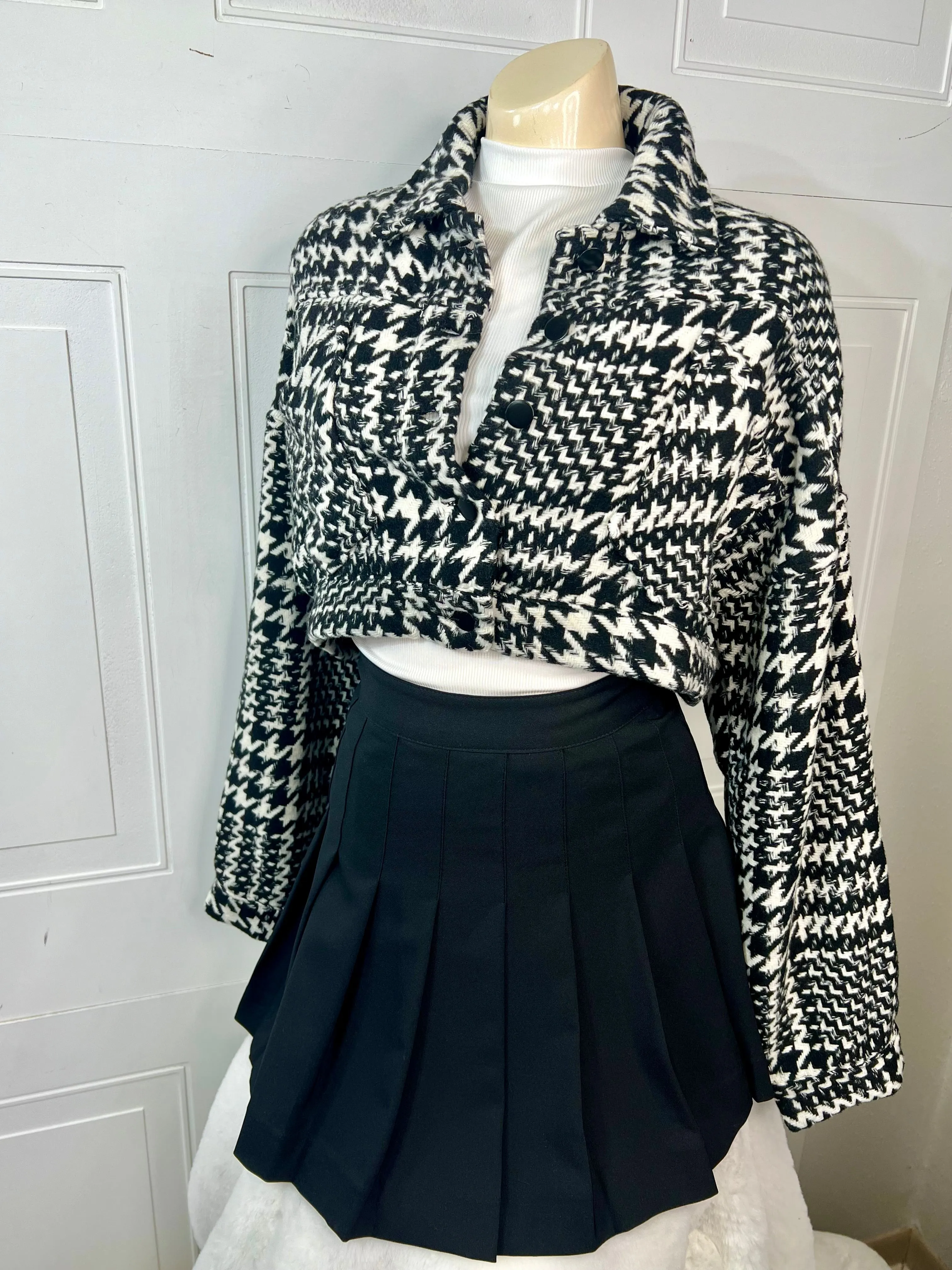 Karina Black and White Houndstooth Knit Cropped Jacket