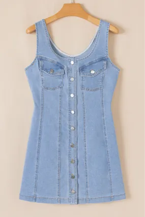Light Wash Denim Buttoned Front Chest Pockets Sleeveless Slim Mini Dress