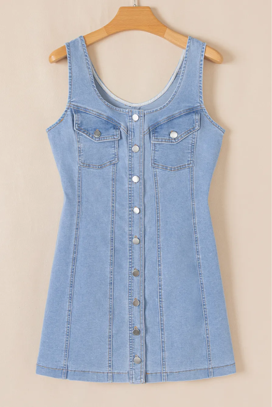 Light Wash Denim Buttoned Front Chest Pockets Sleeveless Slim Mini Dress