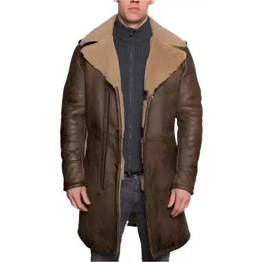 Men's B3 Aviator Sheepskin Shearling Leather Brown Trench Coat