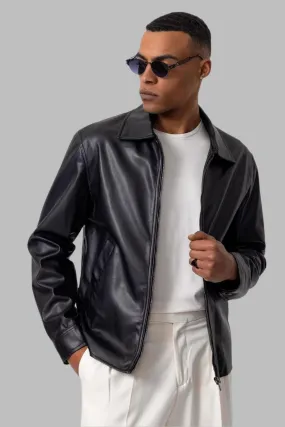 Men's Black Faux Leather  Coat - Wessi
