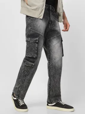 Men's Grey Loose Fit Cargo Jeans With 7 Pockets Non Stretchable