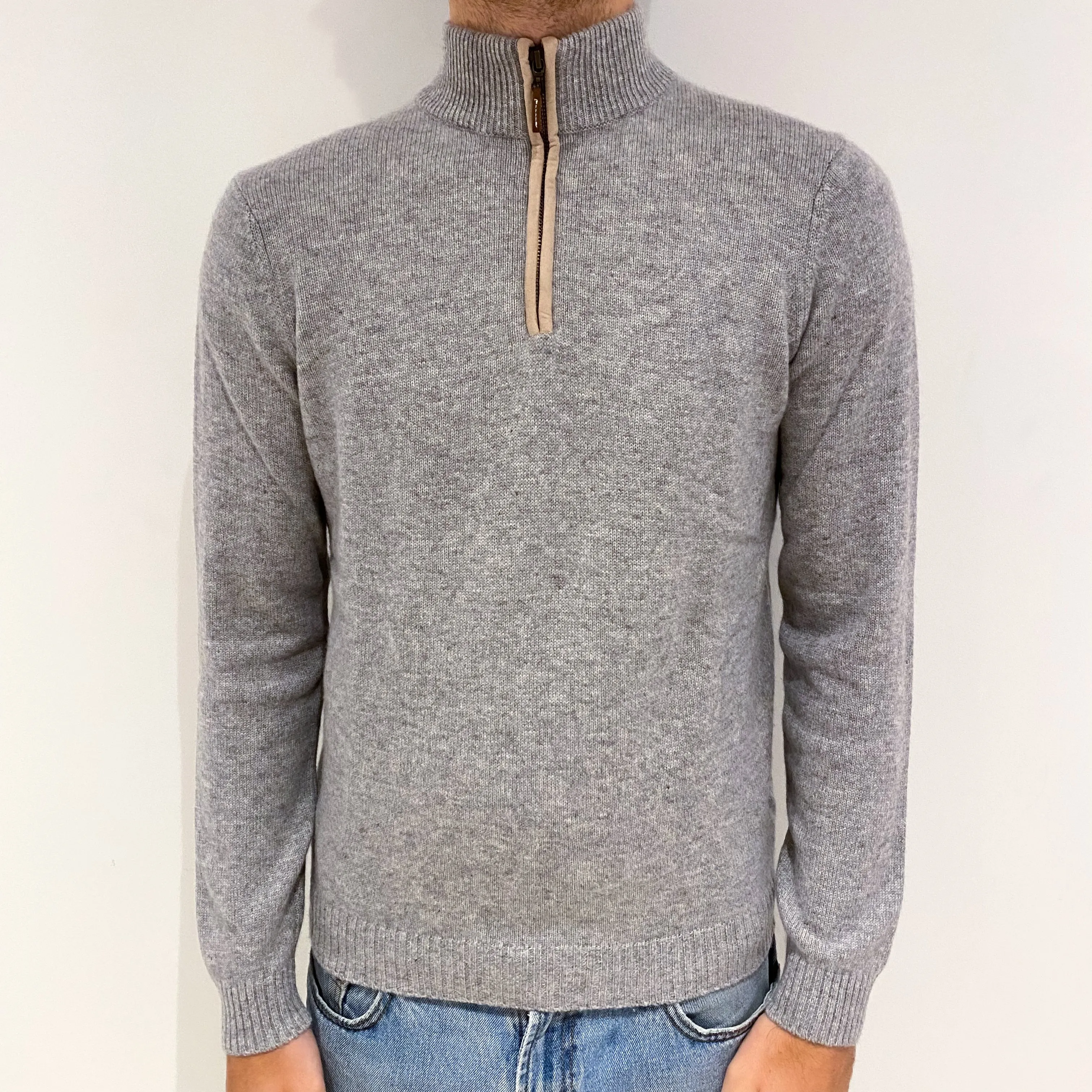 Men's Smoke Grey Cashmere 1/4 Zip Jumper Large
