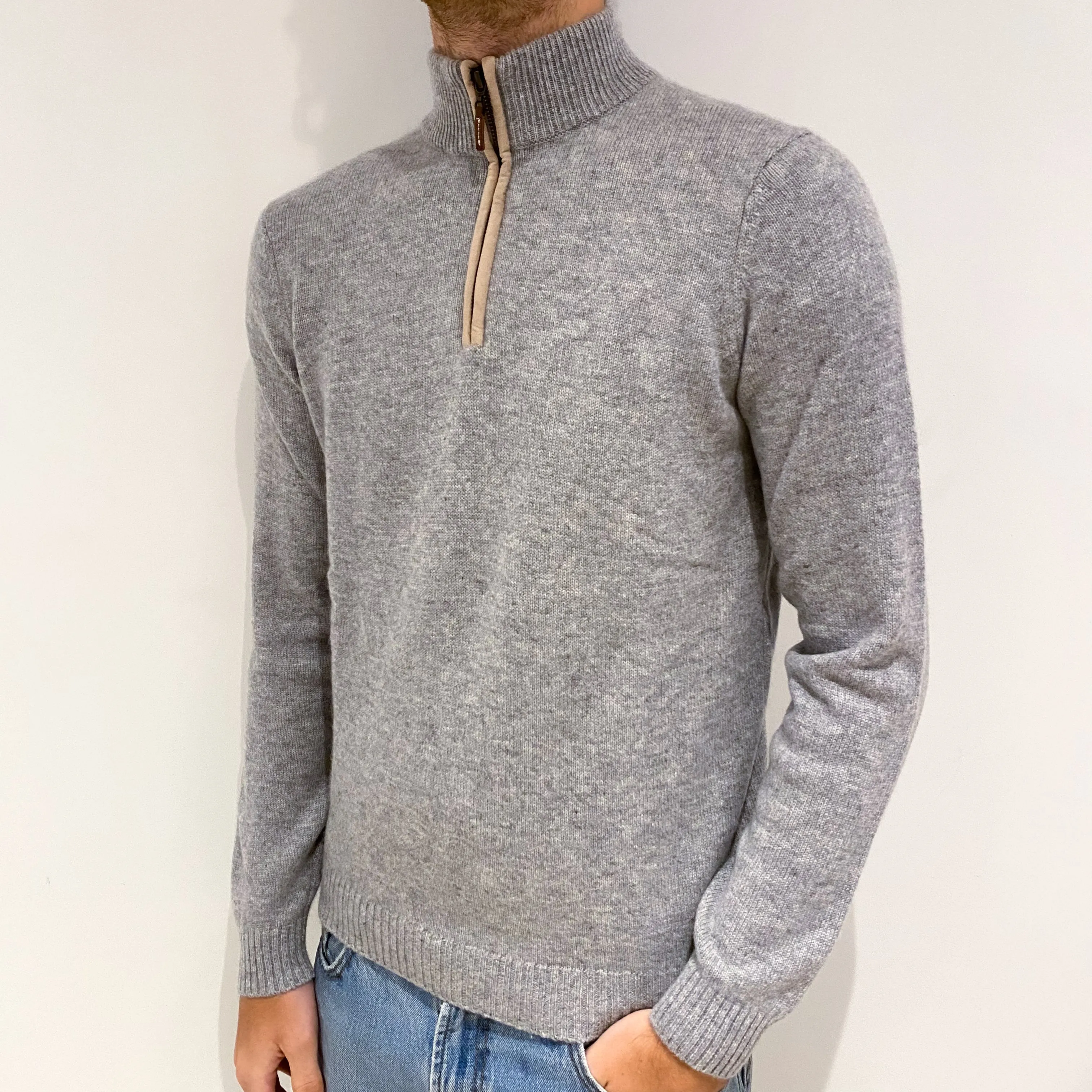 Men's Smoke Grey Cashmere 1/4 Zip Jumper Large
