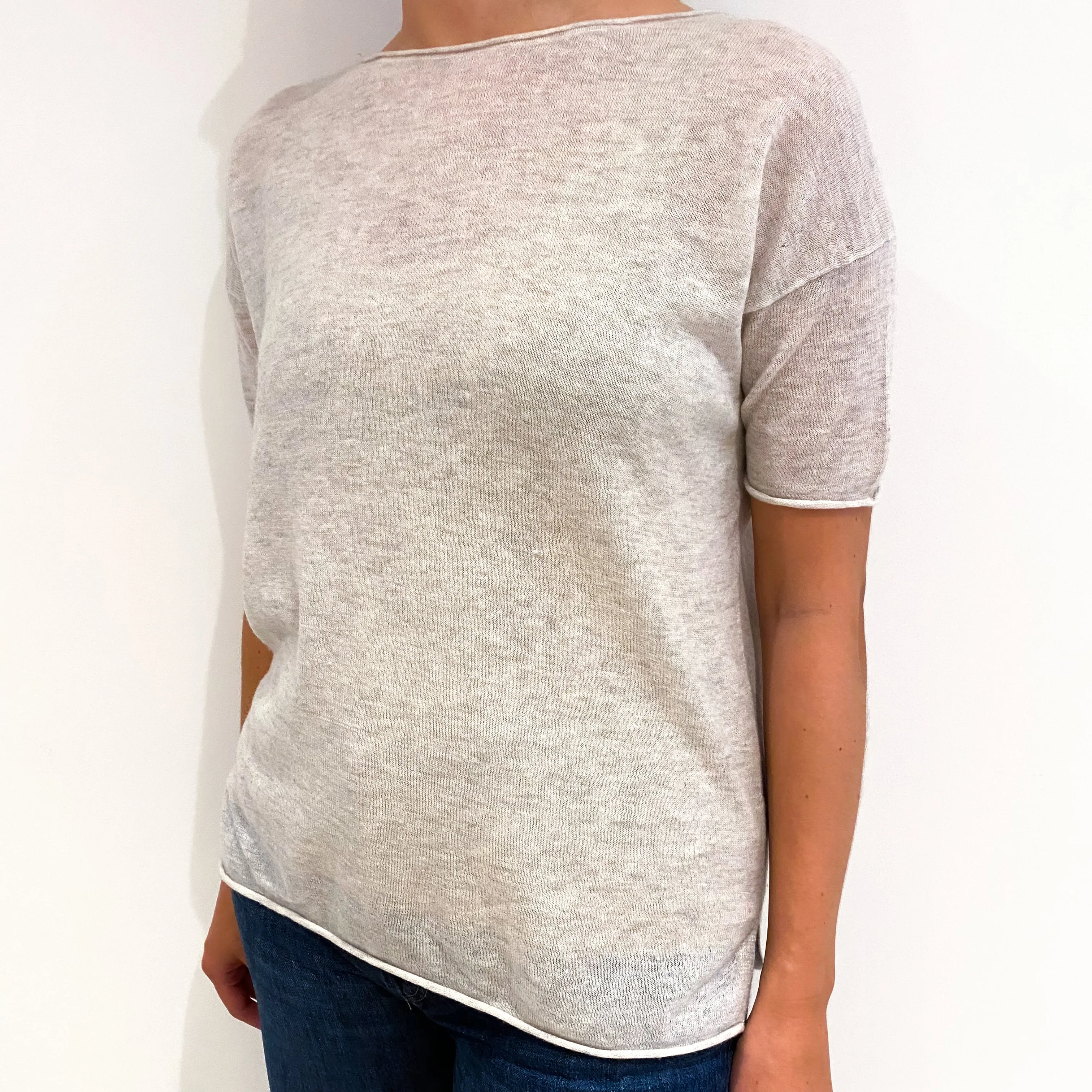 Mist Grey Fine Knit Short Sleeved Cashmere Jumper Medium