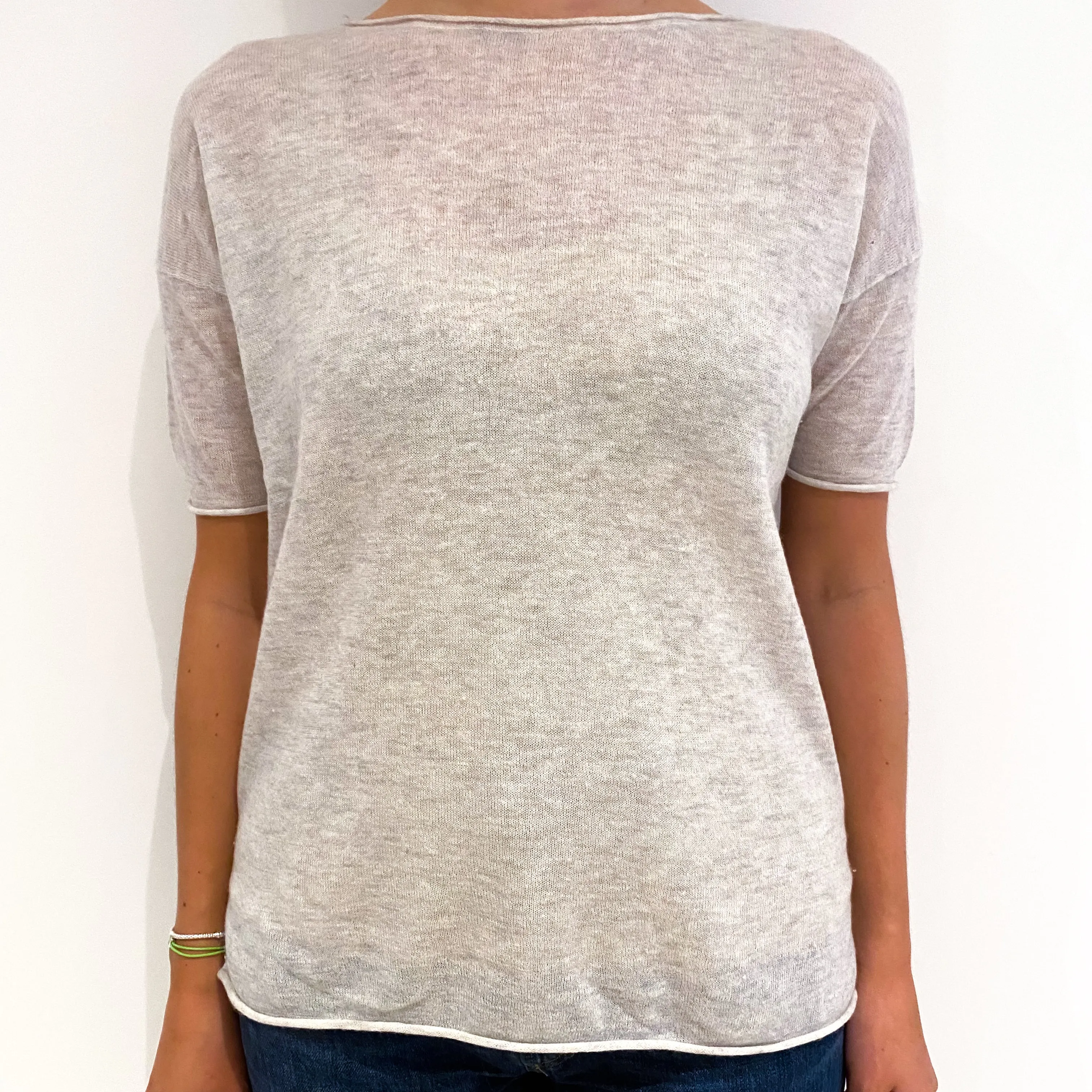Mist Grey Fine Knit Short Sleeved Cashmere Jumper Medium