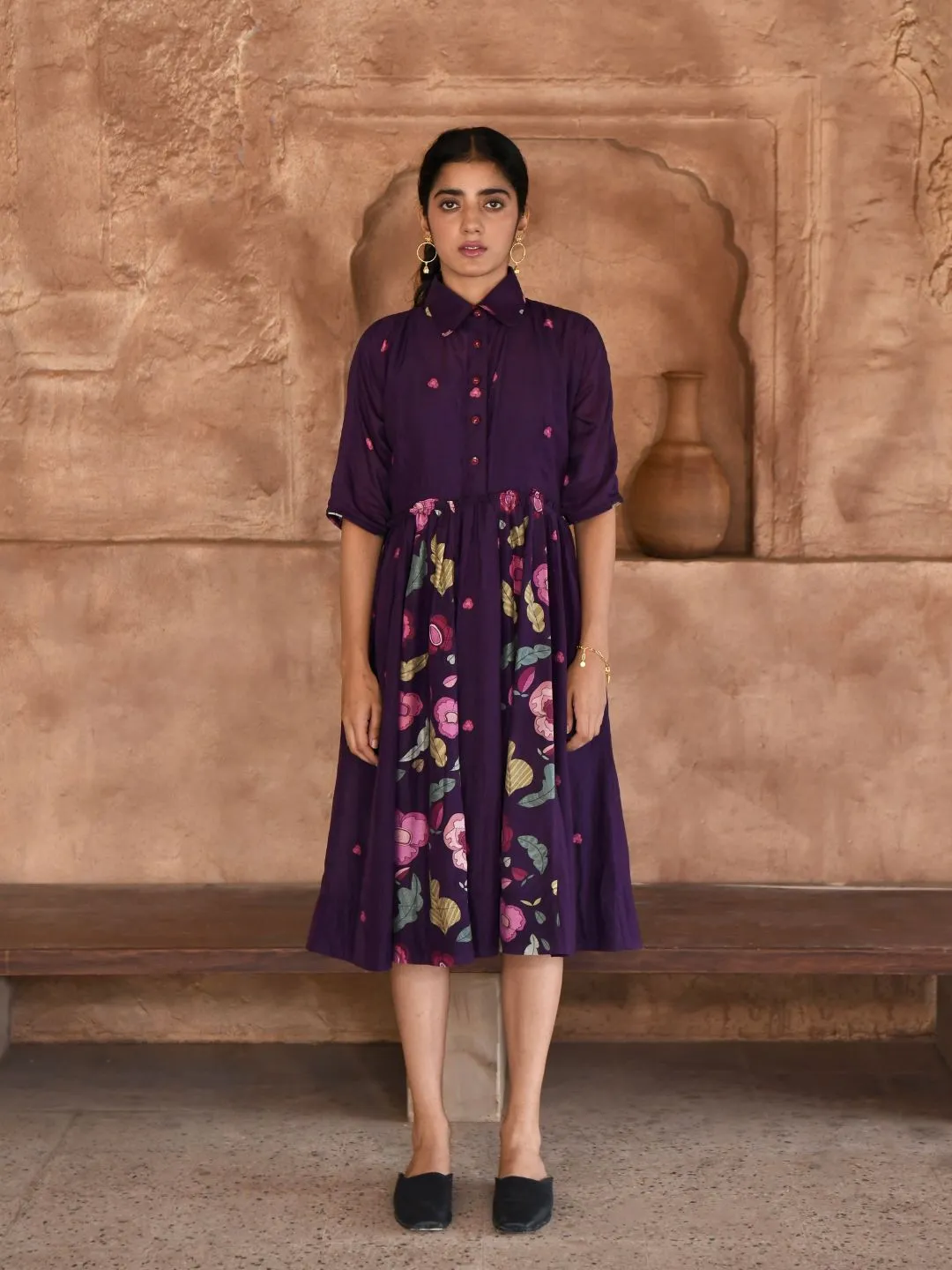 Mulberry Purple Silky Shirt Dress with Slip