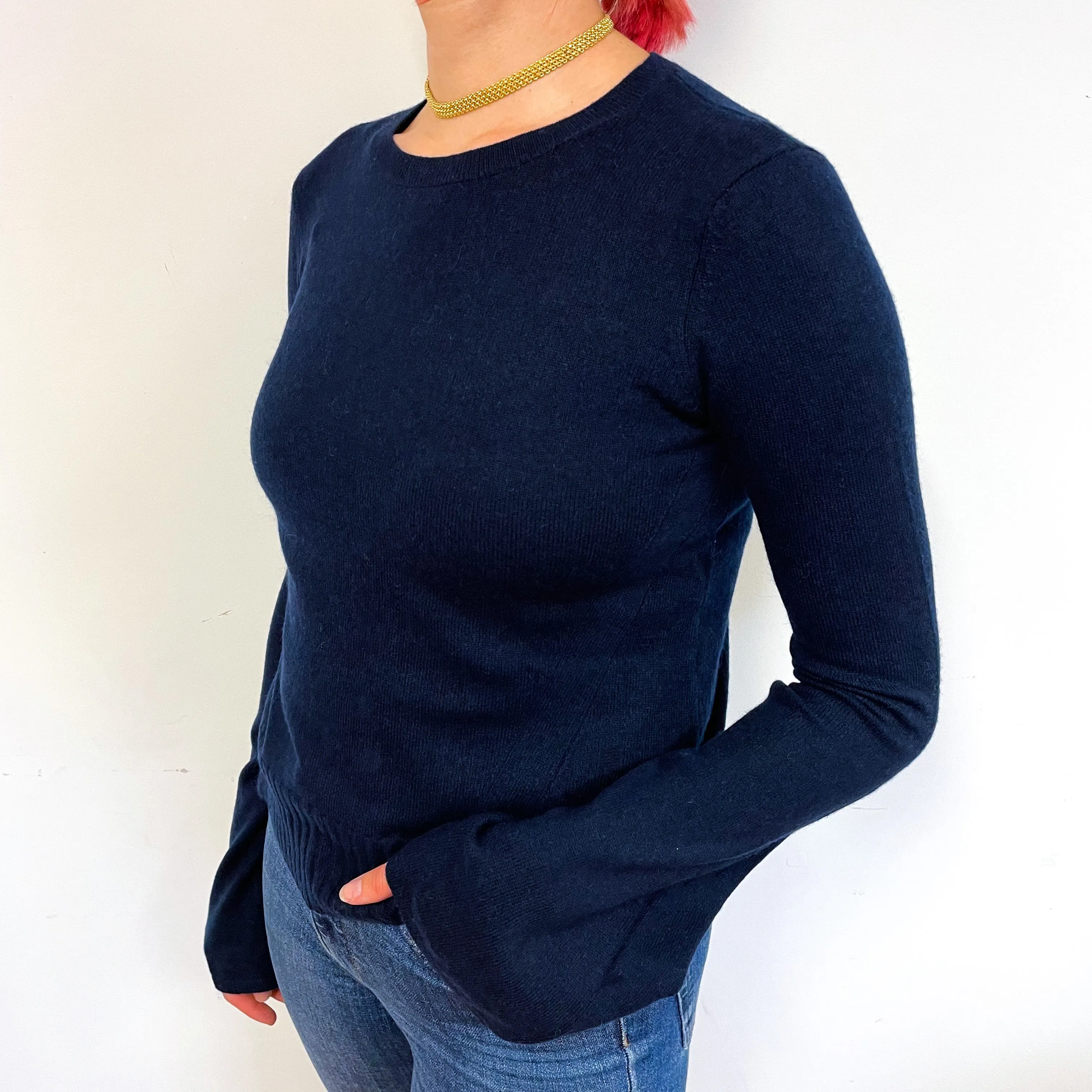 Navy Blue Bell Sleeve Cashmere Crew Neck Jumper Small
